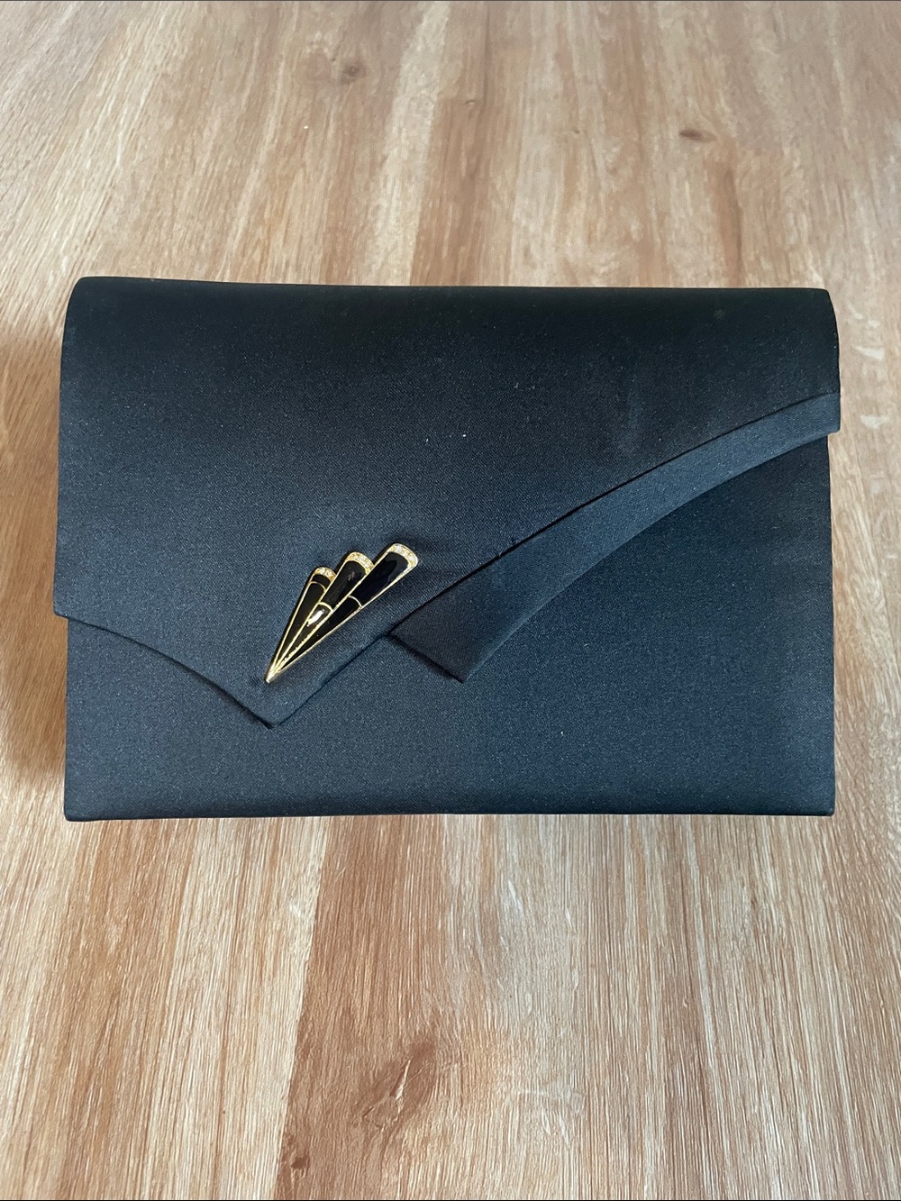Black Satin Envelope Clutch with Gold Accent